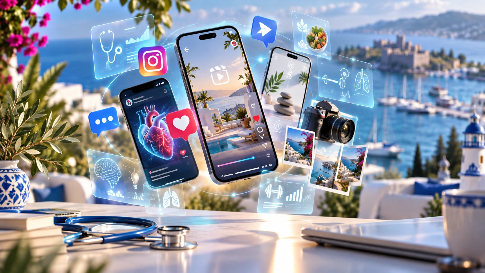 Instagram ve sosyal medyada sağlık içerikleri, dijital iletişim ve tıbbi eğitim paylaşımlarını temsil eden görsel