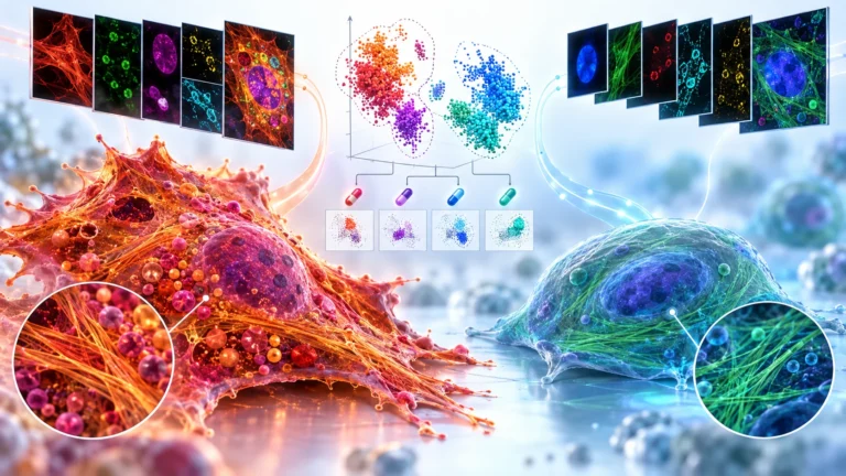 Hücresel senesens fenotiplerinin Cell Painting ve transkriptomik ile sınıflandırılmasını gösteren bilimsel illüstrasyon