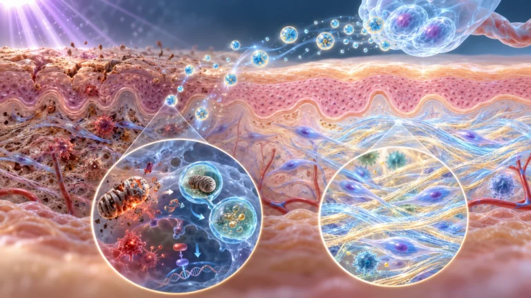 MSC secretome, mitofaji ve cGAS-STING yolunun foto yaşlanmadaki rolünü gösteren bilimsel illüstrasyon