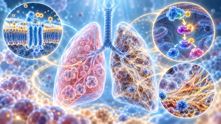PTCHD4 ve AKT sinyalinin hücresel senesens ve pulmoner fibrozis ile ilişkisini gösteren bilimsel illüstrasyon