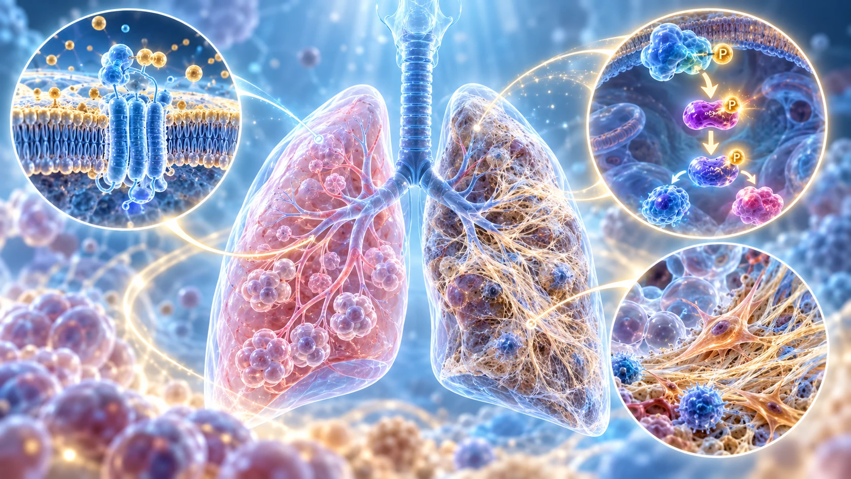 PTCHD4 ve AKT sinyalinin hücresel senesens ve pulmoner fibrozis ile ilişkisini gösteren bilimsel illüstrasyon