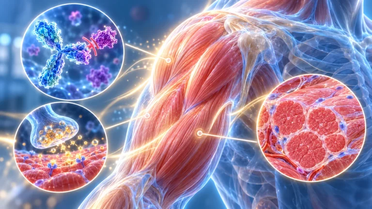 Myostatin inhibisyonu ve apitegromab ile kas kütlesinin korunmasını gösteren bilimsel illüstrasyon