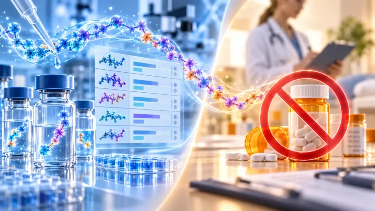 Araştırma amaçlı peptit doz tabloları ile klinik reçete arasındaki farkı anlatan bilimsel illüstrasyon