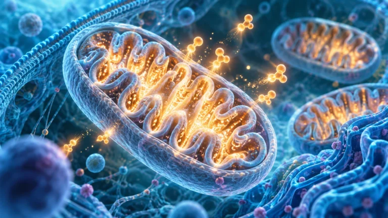 Mitokondri yapısı, hücresel enerji üretimi ve ATP metabolizmasını gösteren bilimsel üç boyutlu tıbbi illüstrasyon
