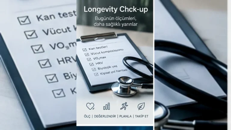 Longevity check-up ve sağlıklı yaş alma değerlendirmesi; biyolojik yaş, VO₂max, HRV ve vücut kompozisyonu ölçümleri – yatay arşiv kapağı