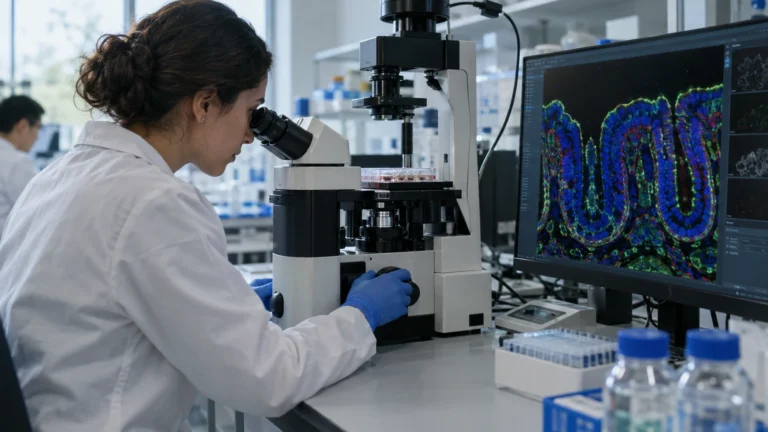 STED mikroskopisiyle bağırsak bariyeri ve hücresel yapıların incelendiği laboratuvar araştırması