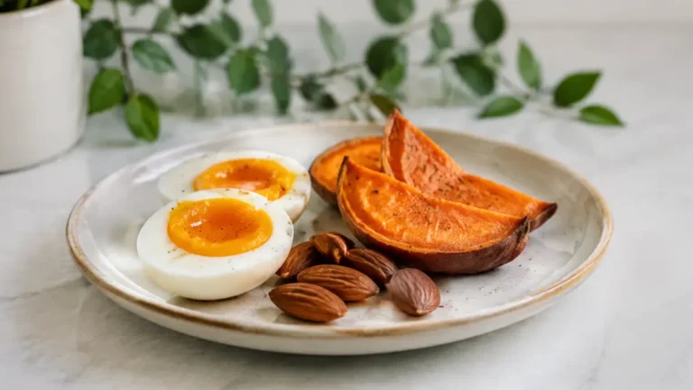 Biotin kaynaklarını temsil eden yumurta, badem ve tatlı patates