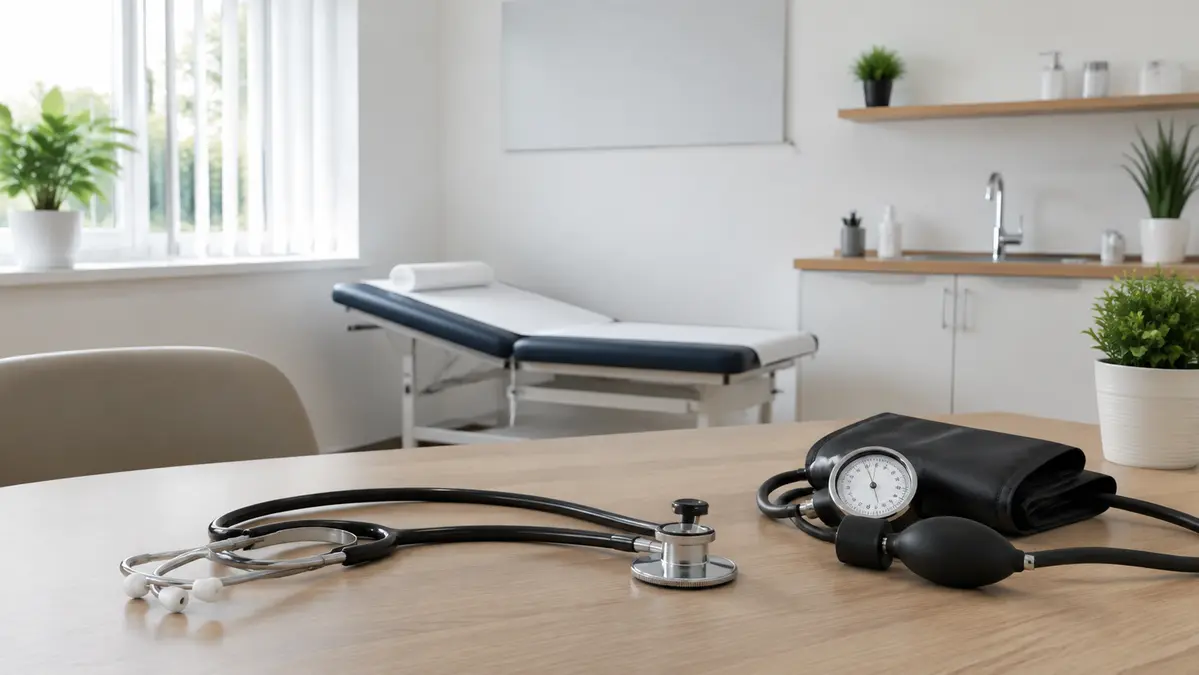 Klinik ortamında tansiyon manşonu ve stetoskopla temsili değerlendirme sahnesi