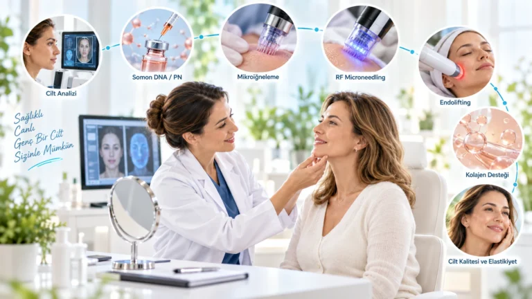 Cilt gençleştirme ve kırışıklık tedavilerinde cilt analizi, Somon DNA PN, mikroiğneleme, RF microneedling ve Endolifting seçeneklerini anlatan temsili klinik görsel