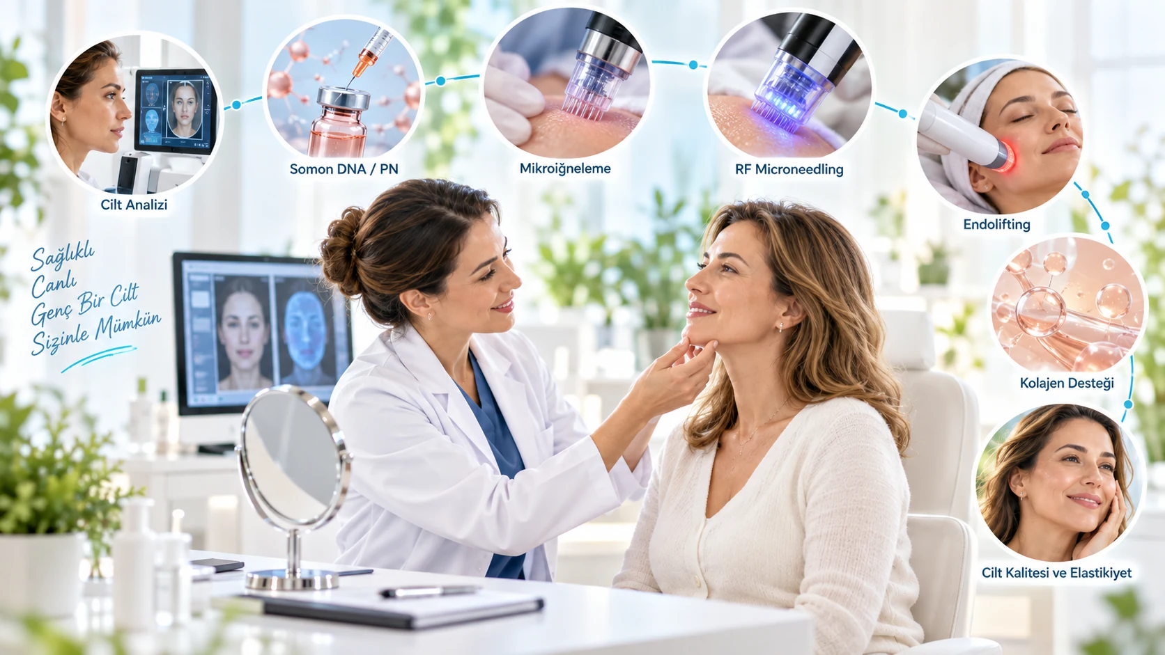 Cilt gençleştirme ve kırışıklık tedavilerinde cilt analizi, Somon DNA PN, mikroiğneleme, RF microneedling ve Endolifting seçeneklerini anlatan temsili klinik görsel