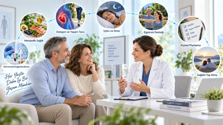 Cinsel sağlık ve sağlıklı yaş alma değerlendirmesinde metabolik sağlık, dolaşım, hormonal değerlendirme, uyku, egzersiz ve kişisel planlamayı anlatan temsili görsel