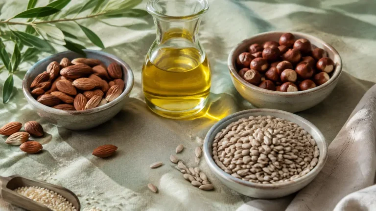 E vitamini kaynaklarını temsil eden badem, fındık, ayçekirdeği ve bitkisel yağ