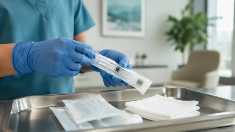 Minör otohemoterapi bilgilendirmesi için steril tek kullanımlık malzemelerin hazırlanmasını gösteren temsili klinik sahne.