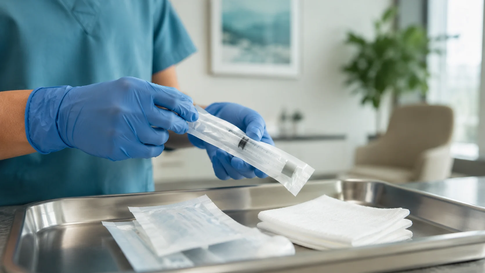 Minör otohemoterapi bilgilendirmesi için steril tek kullanımlık malzemelerin hazırlanmasını gösteren temsili klinik sahne.