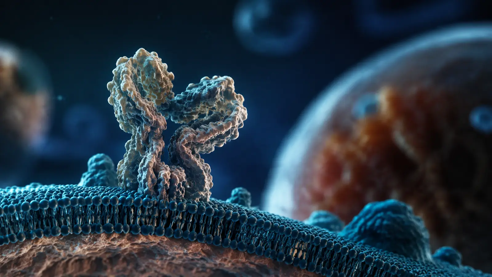Ipamorelin konusu için hücre zarı ve reseptörün temsili illüstrasyonu