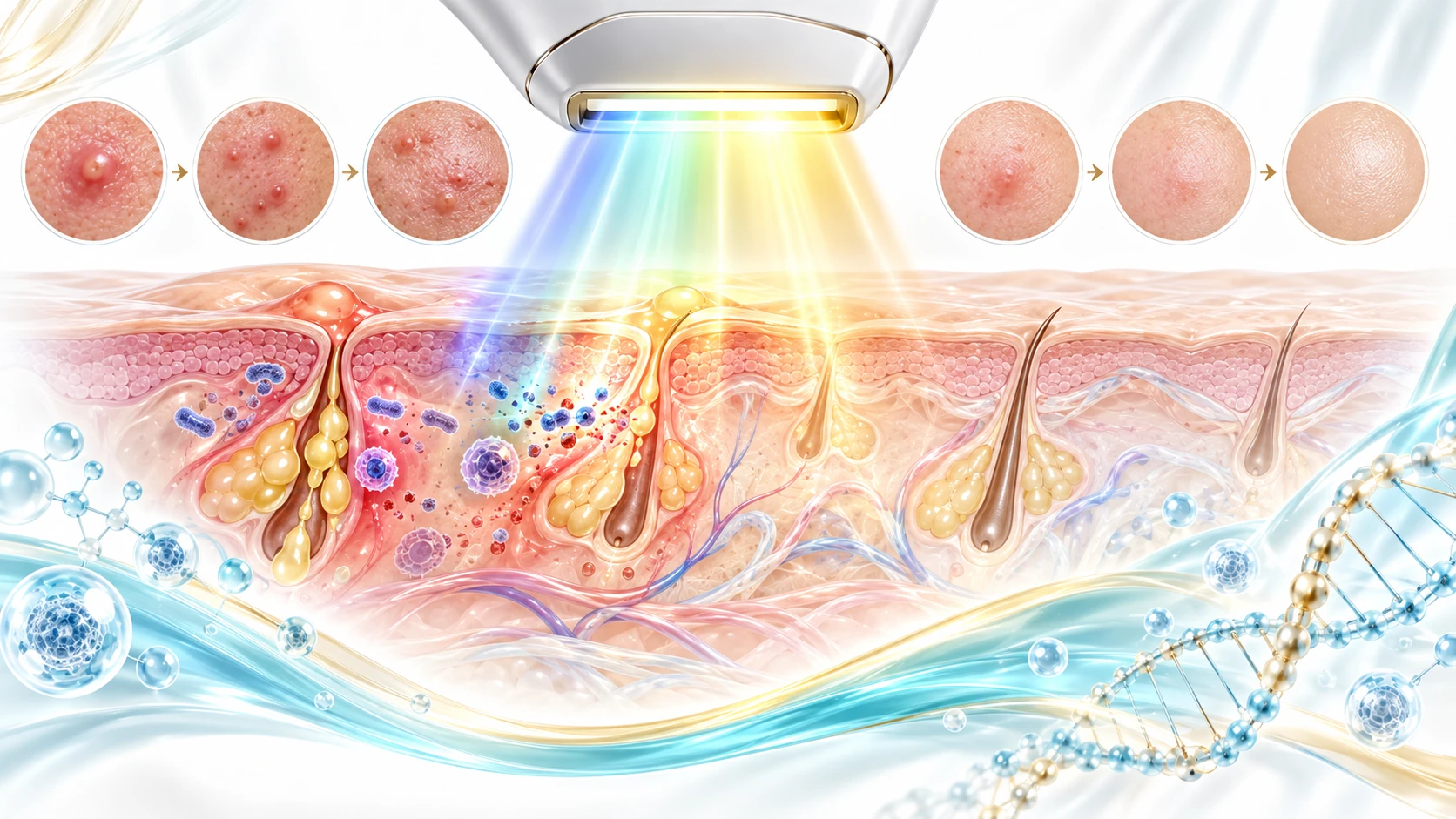 IPL BBL ile aktif inflamatuvar aknede ışık uygulaması ve cilt yanıtını gösteren tıbbi illüstrasyon