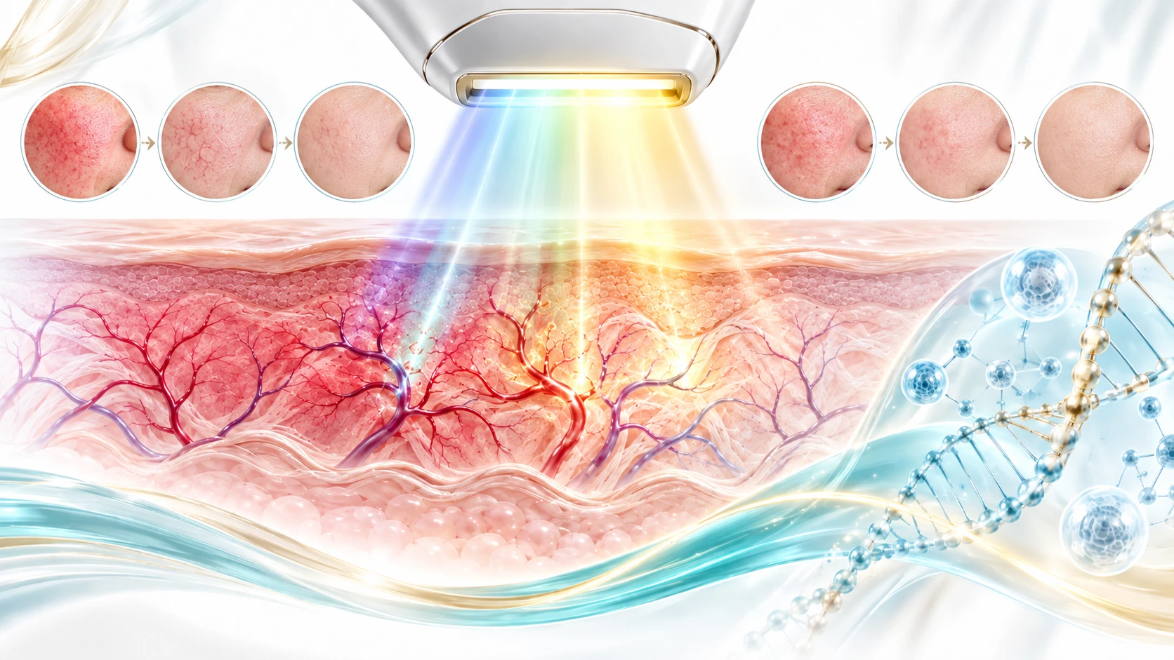 IPL BBL ile rosacea, yüz kızarıklığı ve telenjiektazi damar hedeflerini gösteren tıbbi illüstrasyon