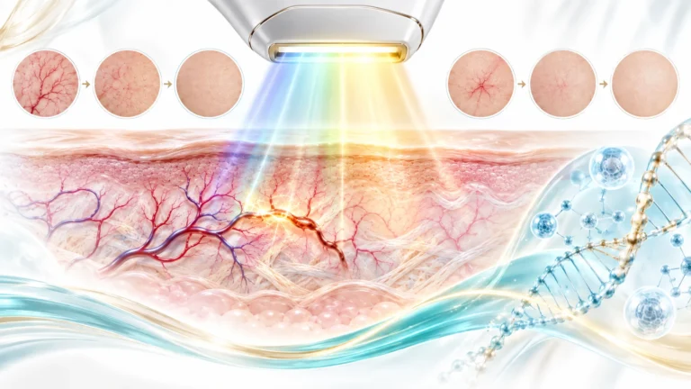 IPL BBL ışık enerjisinin yüzeyel damar lezyonları ve hemoglobin hedefleri üzerindeki etkisini gösteren tıbbi illüstrasyon