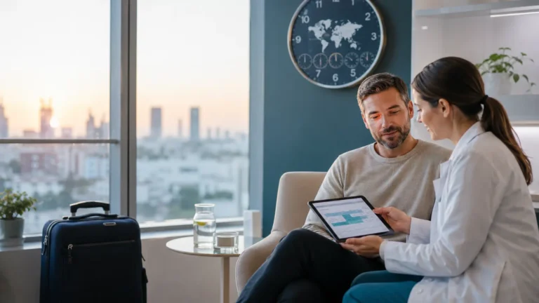 Jet lag sonrası toparlanma için hekim değerlendirmesi yapan yetişkin yolcu