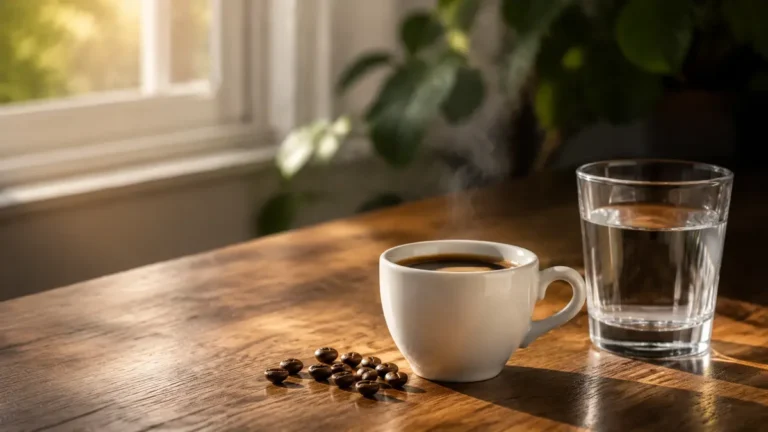 Kafein tüketimini temsil eden kahve fincanı, kahve çekirdekleri ve su