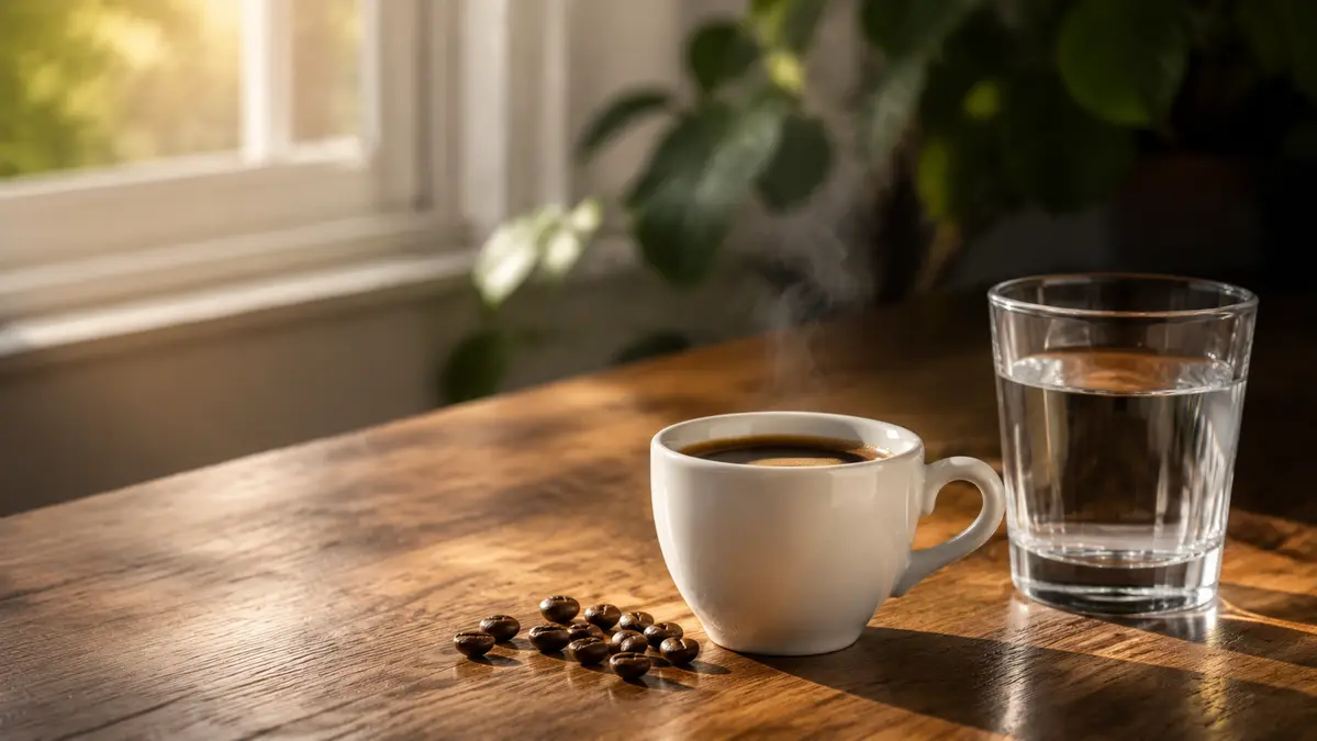 Kafein tüketimini temsil eden kahve fincanı, kahve çekirdekleri ve su