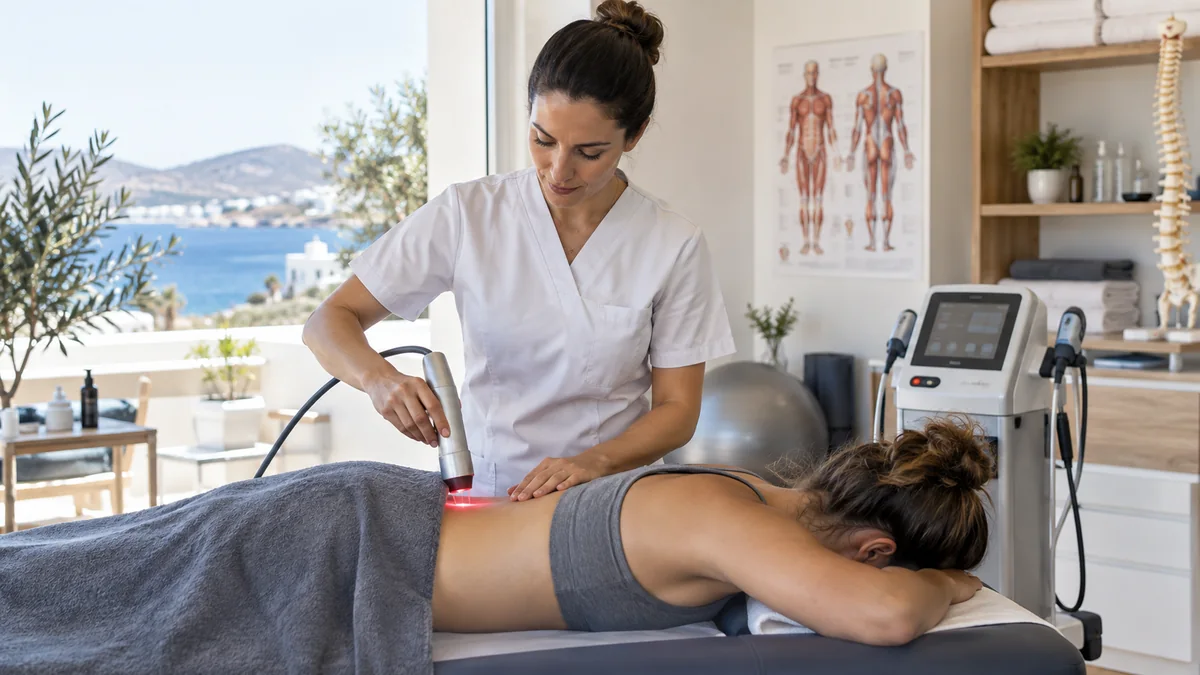 Bodrum kliniğinde lazer ile ağrı tedavisini gösteren gerçekçi klinik fotoğraf