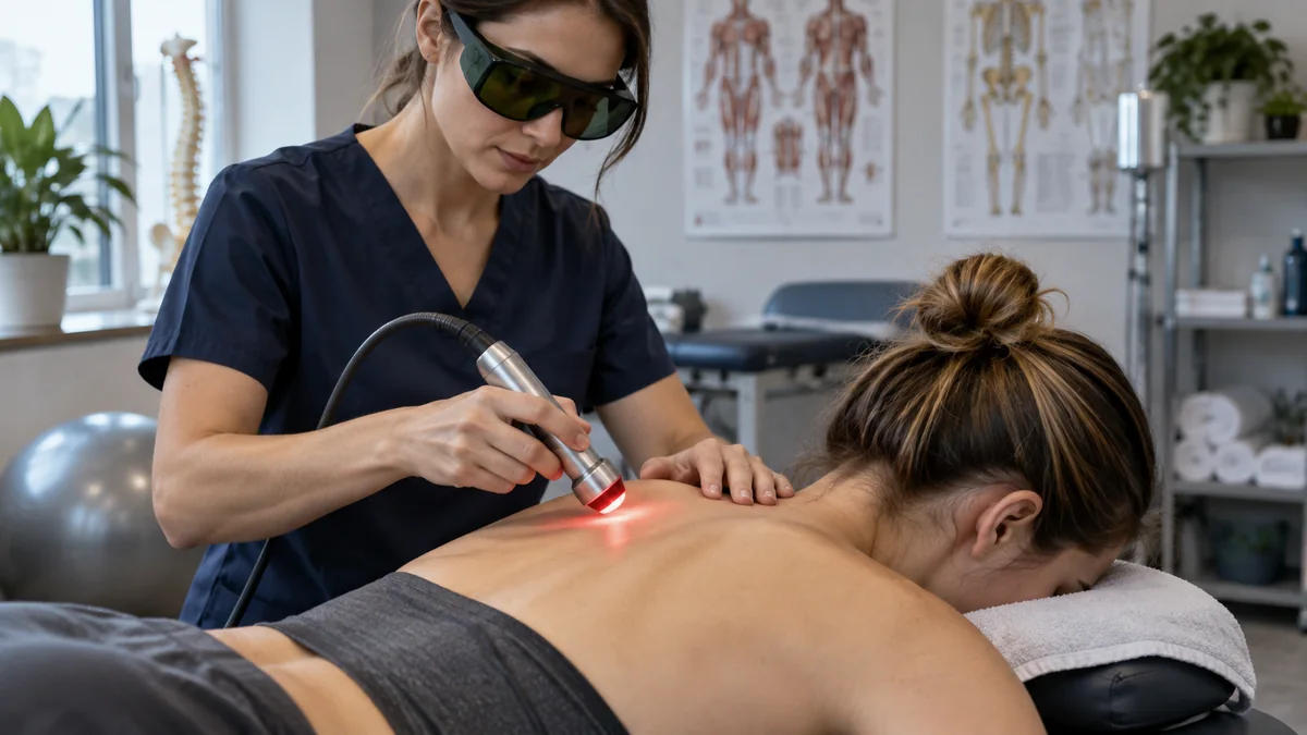Miyofasiyal ağrı ve tetik nokta tedavisinde lazer uygulamasını gösteren gerçekçi klinik fotoğraf – Bodrum