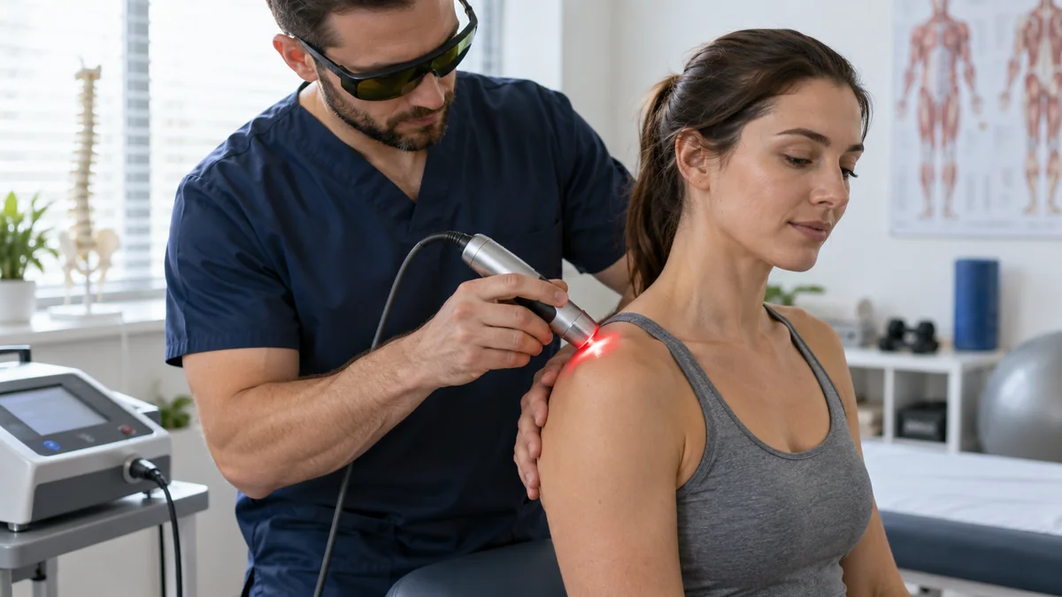 Omuz ağrılarında lazer tedavisini gösteren gerçekçi klinik fotoğraf – Bodrum