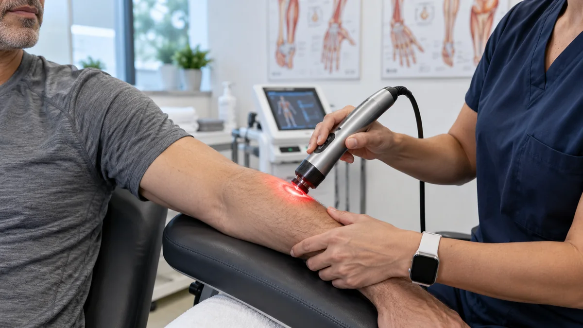 Dirsek el-bilek ve tendon ağrılarında lazer tedavisini gösteren gerçekçi klinik fotoğraf – Bodrum