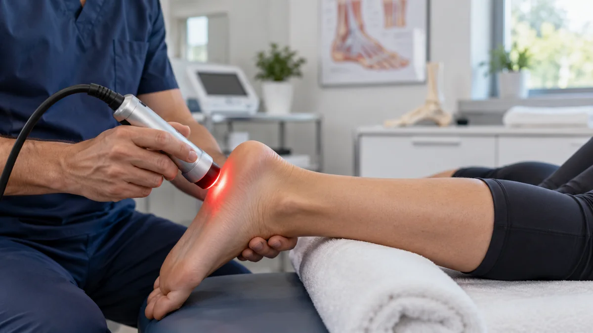 Ayak topuk ve Aşil ağrılarında lazer tedavisini gösteren gerçekçi klinik fotoğraf – Bodrum