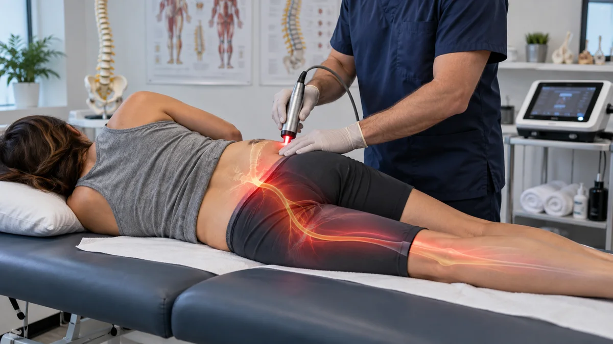 Siyatik ve bel fıtığına bağlı bacağa vuran sinir ağrısında lazer tedavisini gösteren gerçekçi klinik fotoğraf – Bodrum