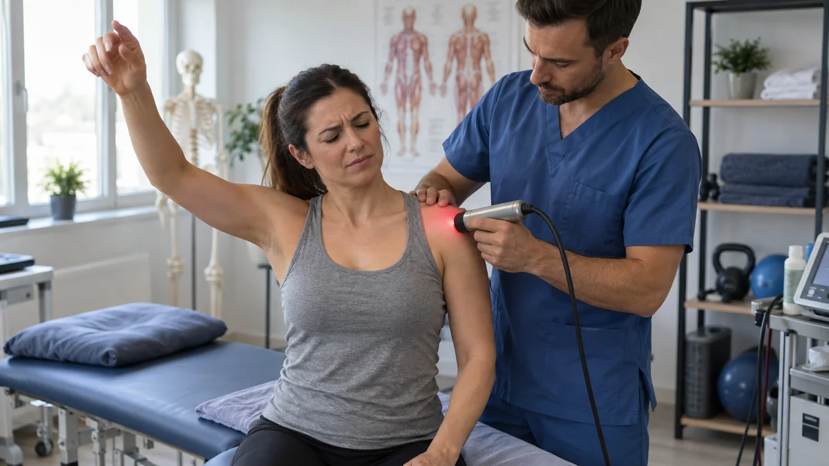 Subakromiyal ağrı ve omuz sıkışmasında omuz bölgesine lazer tedavisini gösteren gerçekçi klinik fotoğraf – Bodrum