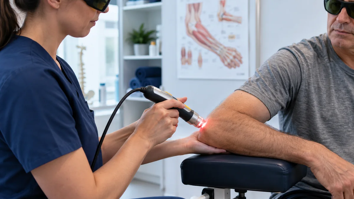 Tenisçi dirseği ve lateral epikondilitte dirseğin dış yanına lazer tedavisini gösteren gerçekçi klinik fotoğraf – Bodrum