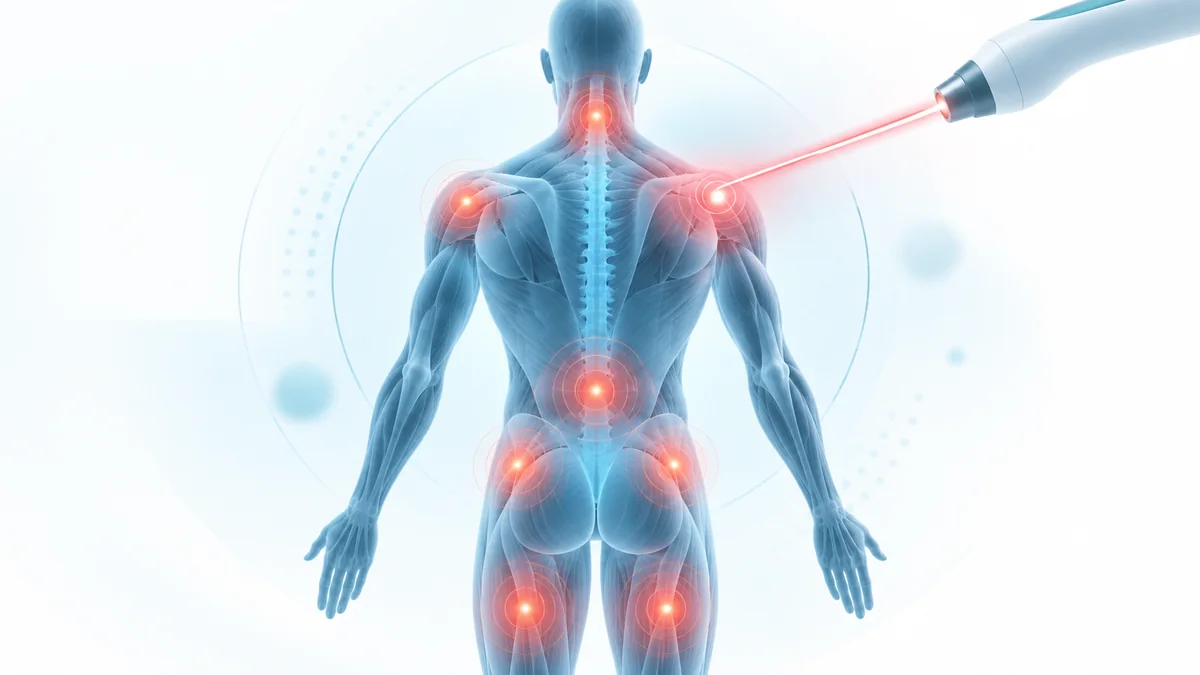 Fibromiyaljide lokal tetik noktalar ve yaygın kas ağrısında lazer tedavisini temsil eden teknik tıbbi illüstrasyon – Bodrum