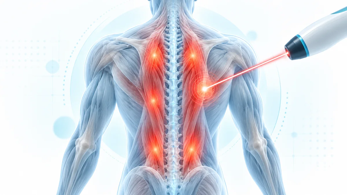 Paravertebral kas spazmı ve sırt kas ağrısında lazer tedavisini temsil eden teknik tıbbi illüstrasyon – Bodrum