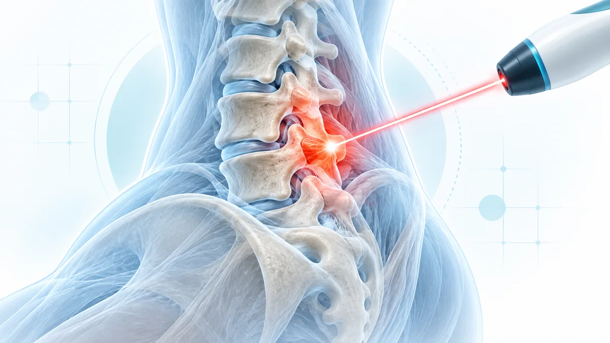 Faset eklem ağrısında lumbar faset eklemine lazer tedavisini temsil eden teknik tıbbi illüstrasyon – Bodrum