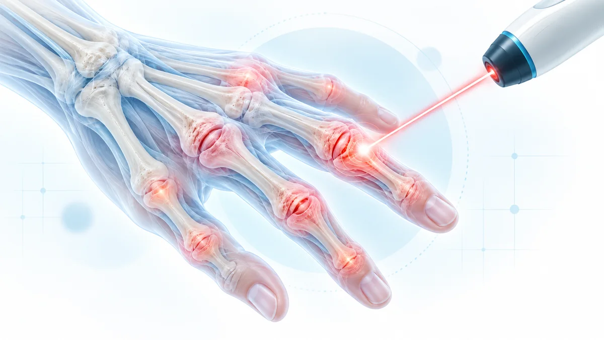 El ve parmak osteoartritinde ağrılı eklemlere lazer tedavisini temsil eden teknik tıbbi illüstrasyon – Bodrum