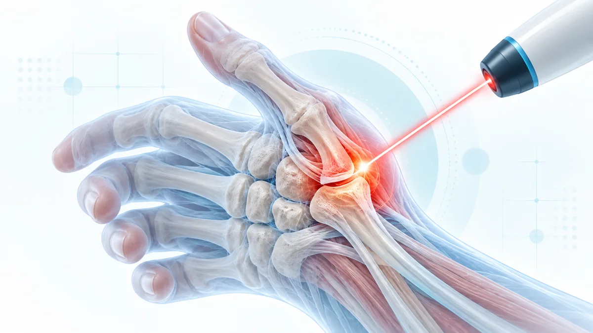 Başparmak CMC eklem osteoartritinde lazer tedavisini temsil eden teknik tıbbi illüstrasyon – Bodrum