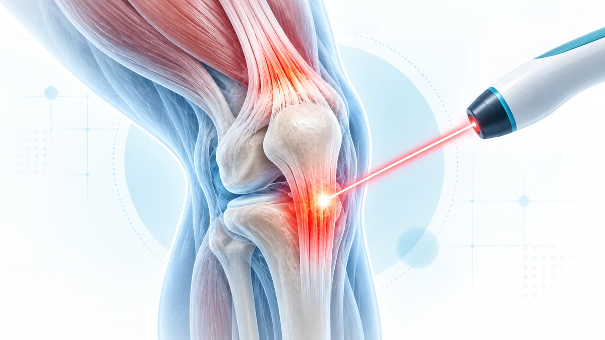 Patellar ve quadriceps tendon ağrısında diz tendonlarına lazer tedavisini temsil eden teknik tıbbi illüstrasyon – Bodrum