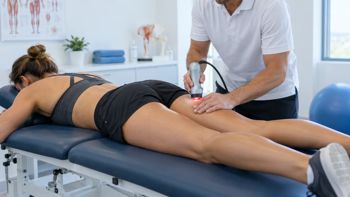 Proksimal hamstring tendon ağrısında kalça altı arka uyluk bölgesine lazer tedavisini gösteren gerçekçi klinik fotoğraf – Bodrum