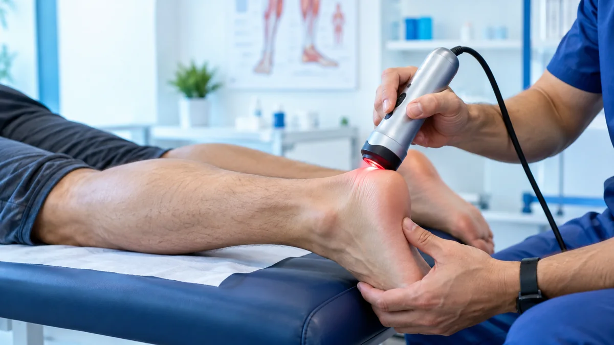Retrocalcaneal bursitte topuk arkası ve Aşil çevresine lazer tedavisini gösteren gerçekçi klinik fotoğraf – Bodrum