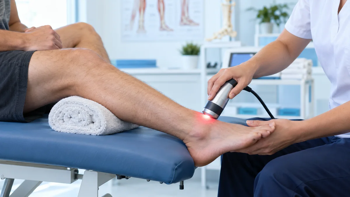 Kronik ayak bileği burkulması sonrası dış ayak bileğine lazer tedavisini gösteren gerçekçi klinik fotoğraf – Bodrum