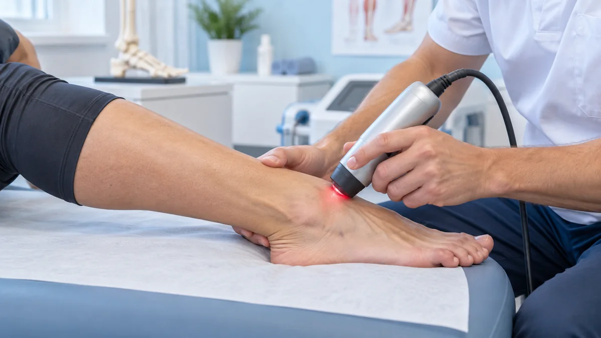 Peroneal tendinopatide dış ayak bileği ve tendon hattına lazer tedavisini gösteren gerçekçi klinik fotoğraf – Bodrum
