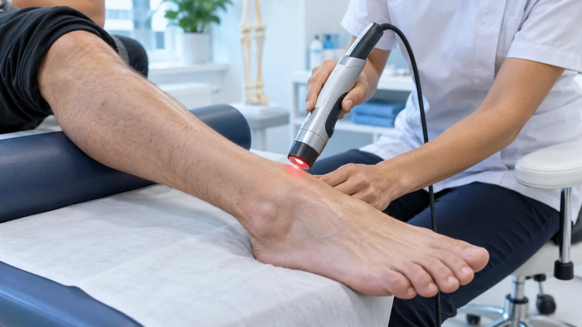Tibialis anterior tendinopatisinde ön ayak bileği ve tendon hattına lazer tedavisini gösteren gerçekçi klinik fotoğraf – Bodrum