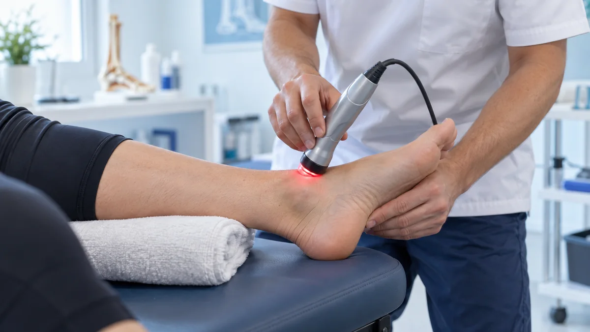 Tibialis posterior tendinopatisinde iç ayak bileği ve tendon hattına lazer tedavisini gösteren gerçekçi klinik fotoğraf – Bodrum