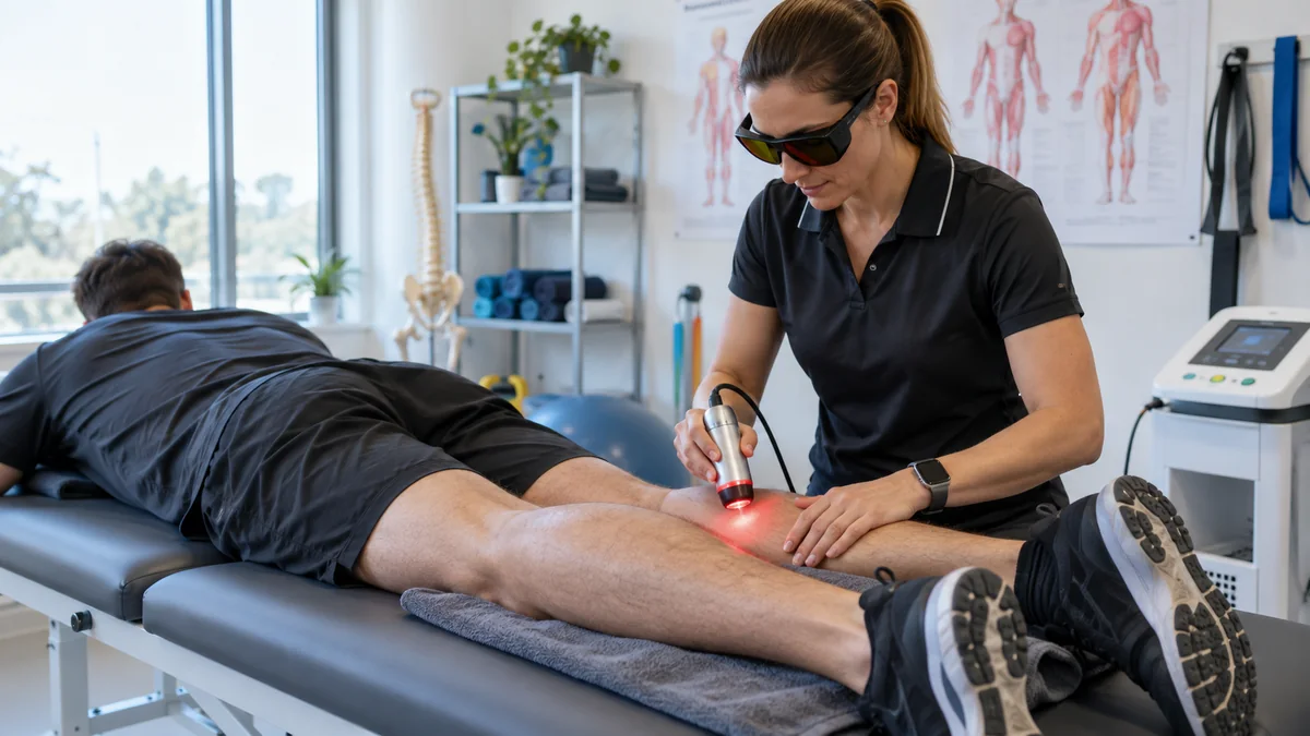 DOMS ve egzersiz sonrası kas ağrısında lazer tedavisini gösteren gerçekçi klinik fotoğraf – Bodrum
