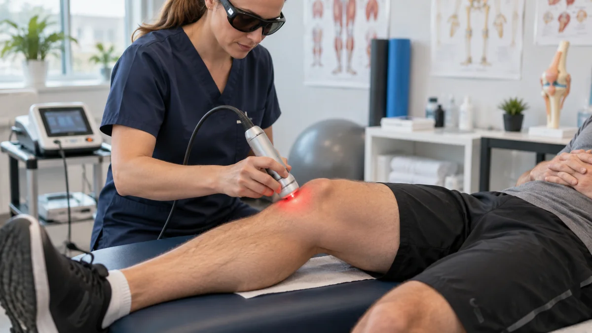 Prepatellar bursit ve diz kapağı önündeki yüzeyel ağrıda lazer tedavisini gösteren gerçekçi klinik fotoğraf – Bodrum