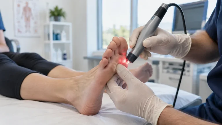 Metatarsalji ve ayak ön kısmı ağrısında lazer tedavisini gösteren gerçekçi klinik fotoğraf – Bodrum