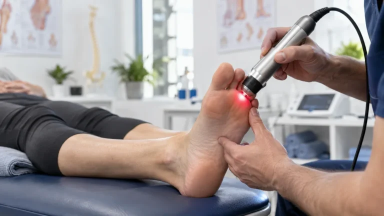 Morton nöroması ve ayak ön kısmında parmaklara vuran ağrıda lazer tedavisini gösteren gerçekçi klinik fotoğraf – Bodrum