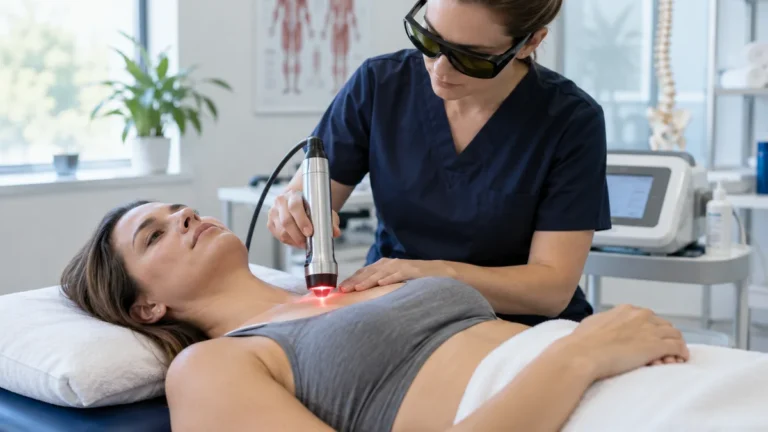 Kostokondrit ve kaburga-göğüs kemiği birleşimindeki yüzeyel ağrıda lazer tedavisini gösteren gerçekçi klinik fotoğraf – Bodrum